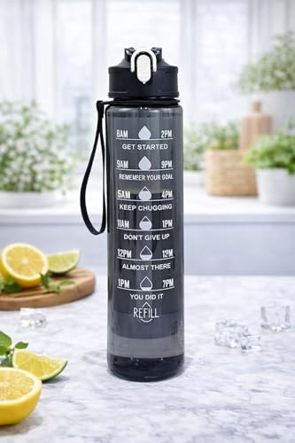 Image of RKZ 900 ML Capacity Belt Straw Transparent Motivational Water Bottles|Time Marker Leak Proof&Break-Proof|Best Usage For Office /School /Gym /Travel Bottle|Bpa-Free Fitness Sports Bottle (MULTICOLOR)