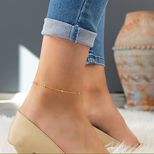 Image of NONAMOIS Ankle Bracelets for Women Dainty 18K Gold Plated Anklet Waterproof Round Beaded Paperclip Herringbone Pearl Chain Anklets Waterproof Beach Foot Jewelry