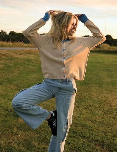 PUWEI Women's Color Block Cardigan Sweaters Button-Up Long Sleeve Cropped Knited Jacket Casual Round Neck Trendy Tops (Apricot-L)4