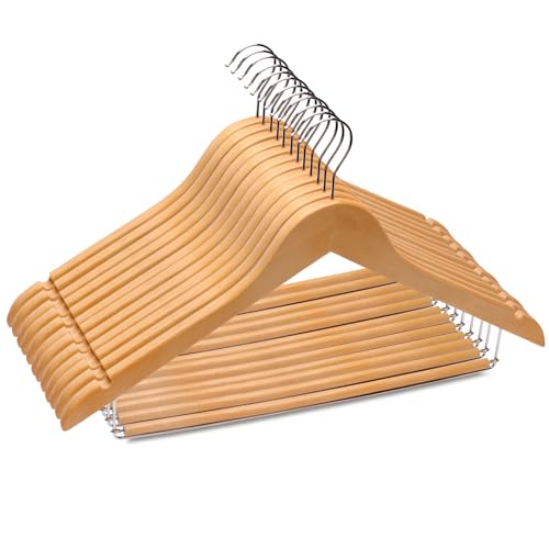 Yiiriko Cintres en Bois - Lot de 12, Bois de Lotus, Robustes et modulables - Crochet Pivotant 360 °, Encoches, Double Porte-Pantalon, pour Costumes, Chemises,...