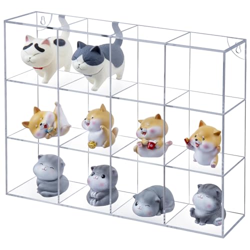 MyGift Clear Acrylic Wall Mounted Display Case for Collectibles, Funko Pop Shelves, Mini Figures, Crystals & Stones - 12 Compartment Shadow Box Shelf Organizer with Secure Mounting (15.5