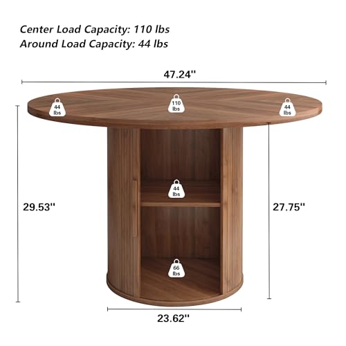 Image of weselon 47 inch Round Dining Table for 4, Kitchen Table Dinner Table with 2-Layer Storage Shelf and Wood Slide Door for Home Dining Room Living Room (Walnut)