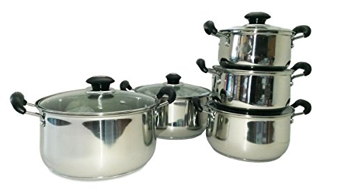 Uniware High Quality Stainless Steel Cookware Set (10 Pcs (1.75 Qt 2.5 QT 3.5 QT 4.5 Qt and 5.5 QT Pot with Glass Lid))