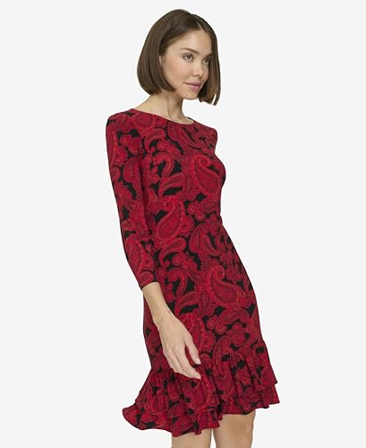 Image of Tommy Hilfiger Women's 3 /4 Sleeve Crew Neck Double Ruffle Hem Jersey Shift Mini Dress