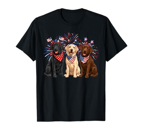 Cute Three Labrador Dogs American Flag 4th of July Patriotic T-Shirt
