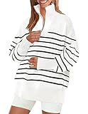 ZESICA Women's Striped Sweaters Half Zipper Long Sleeve Ribbed Knit Loose Oversized Fall Pullover Sweater Tops,White,Small