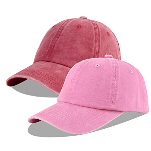 Image of LANGZHEN Unisex Baseball Cap 100% Cotton Fits Men Women Washed Denim Adjustable Dad Hat(Burgundy+Pink,One Size)