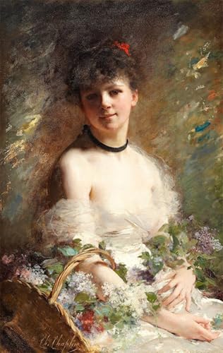 Toile murale abstraite jeune femme avec panier de fleurs affiche peinture salon 60x90