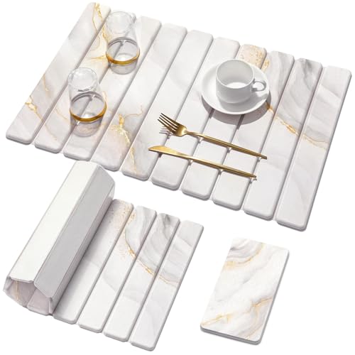 2 PCS|Large Stone Dish Drying Mat for Kitchen Counter,Quick Dry Stone Dishes Mats,Marbled Water Absorbing Diatomaceous Earth Drying Pad for Countertop Bottles Utensils Cups, White Gold 24