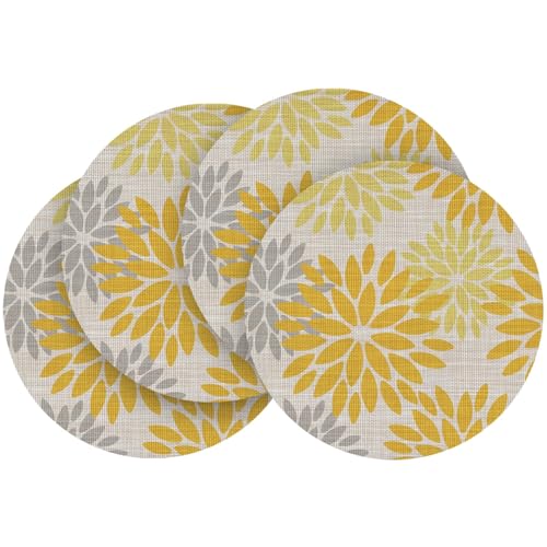 Artoid Mode Lot de 4 sets de table ronds en PVC motif dahlias jaunes - 36 cm - Résistants aux taches et à la chaleur - Décoration de cuisine