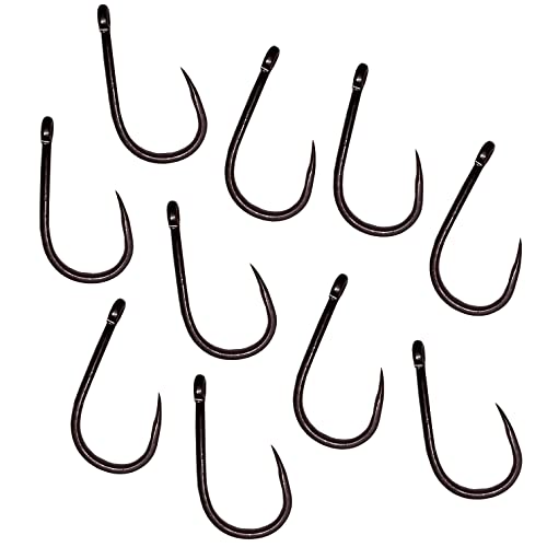 Carp On - Packs of 10 Size 8 WIDE GAPE Fishing Hooks Eyed - Made From Teflon Coated Carbon Steel (Barbless - Camo Brown, Pack of 10 - Size 8) [14-7308]