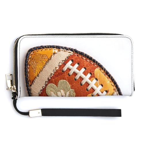 American Football Ball Flower Pattern PU Leather Clutch Long Bifold Wallet, Coin Purse Credit Pass Case, Durable Card-Holder Money Storage for Women Men