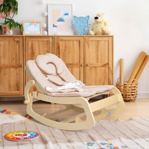 Image of Baby Bouncer,Adjustable Baby Rocker, 3-in-1 Wooden Rocker Chair with 5-Point Harness, Recliner Seat for Infant to Toddlers,Beige