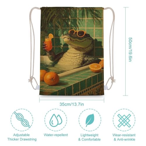 Alligator with Sunglasses in The Bathtub Drawstring Backpack Canvas String Bag Lightweight Sports Gym Bag for Men Women2