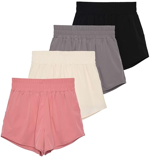 Real Essentials 4 Pack Women's 2.5'' High Waisted Running Shorts with Liner - Quick Dry, Dry Fit, Gym Workout