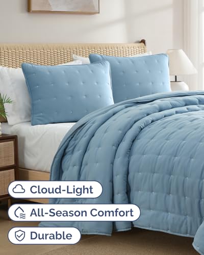 Image of Quilts Queen Size - Bedspread for Queen Size - Lightweight Comforter Set - Quilt Bedding Set for All-Seasons - Soft, Breathable and Comfy - Summer Coverlet with 2 Pillow Shams - 90 inch x 96 inch, Dust Blue