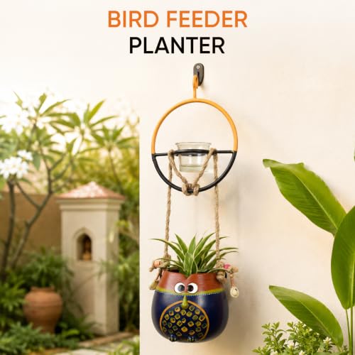 Image of AAKRITI ART CREATIONS Terracotta Hanging Planter with Metal Bird Feeder | Blue & Brown Earthen Design, Modern Art, Matte Finish | Decorative Hanging Pot for Indoor & Outdoor Home Decor