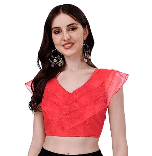 Image of Pujia Mills Women's V Neck Orgenza Three Layer Ruffle Sleeve Frill Readymade Saree Blouse