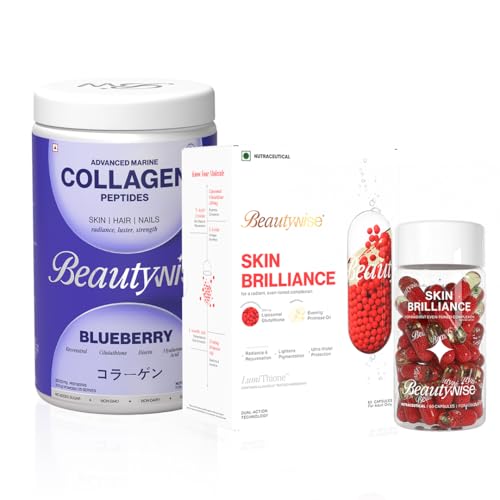 Image of Beautywise Skin Brilliance Glutathione Nac -500Mg, Dual Action, Evening Primrose Oil + Marine Collagen Powder, Hyaluronic Acid, Glutathione & Biotin Blueberry Flavoured ( 60 Capsules + 250 Gm)