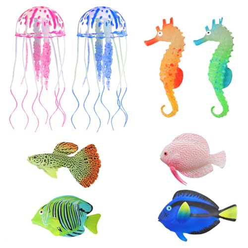 8 Pieces Artificial Aquarium Fish Tank Decorations Ornaments Plastic Lifelike Floating Fake Fish Jellyfish Seahorses Multicolor Beta Decor Accessories for Bubble Tube Lamp