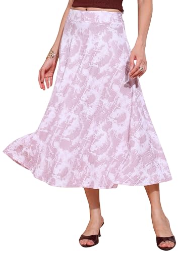 Image of FRAULEIN Women's Tie-Dye A-Line Self Design Printed Maxi /Midi Skirt | High Waist Flared | Soft Ribbed Texture | Casual Summer Knee Length Vacation Skirt