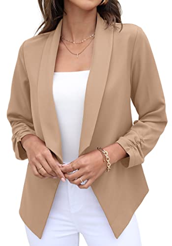 GRECERELLE Chaqueta para mujer, con frente abierto, manga 3/4, fruncida, casual, trabajo, oficina, recortada, chaqueta para mujer, 03 Caqui, 34 Cover