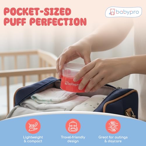 Image of BabyPro Baby Powder Puff with Storage Container for Newborn Kids, Pink | BPA Free, Safe for Skin, Anibacterial, Sweat-Absorbent, Easy Refill