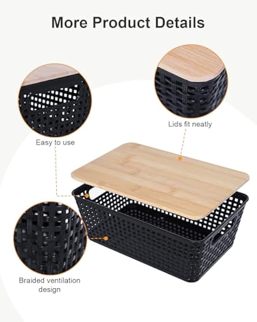 Storage Bins with Lids 6 Packs, Plastic Storage Bins with Bamboo Lids for Pantry Organization and Storage Containers for Shelves Drawers Desktop Closet Playroom Classroom Office Home, Black