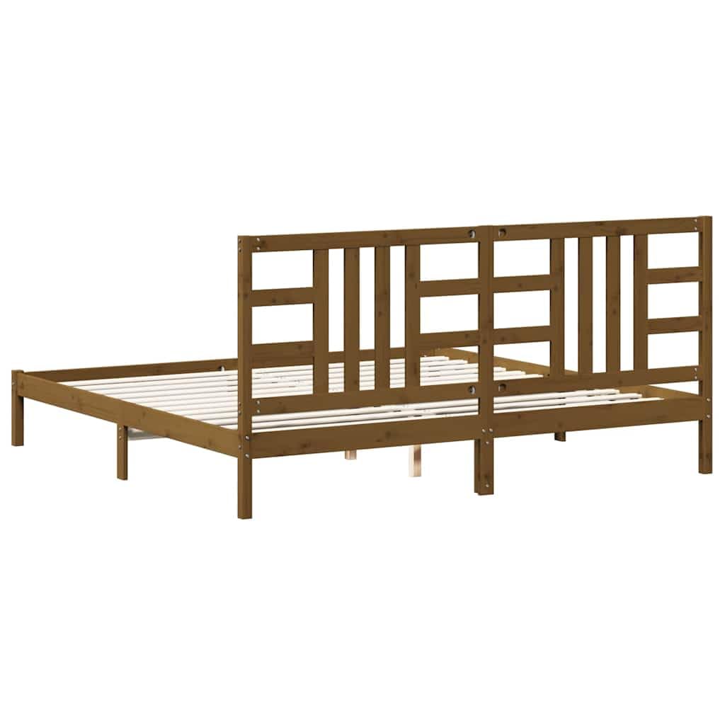 Lite drewno sosnowe Klasyczny design z zagłówkiem Brąz 200x200 cm | Rama łóżka 200x200 cm, lite drewno sosnowe, miodowy brąz, zagłówek, listwy ze sklejki