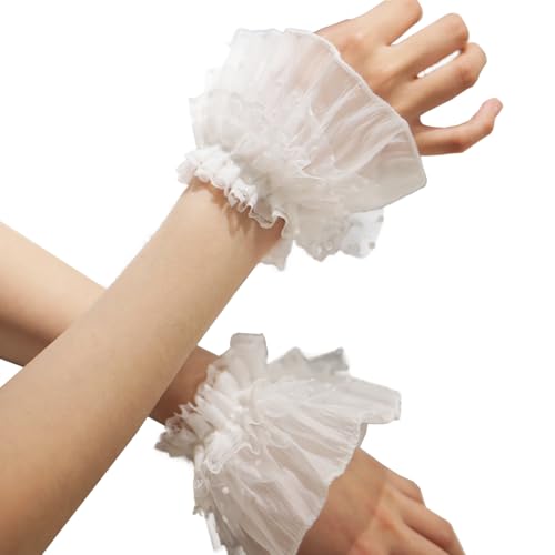 HONGCAUP Lolita Lace Cuffs White Ruffled Flared Wrist Sleeves for Party