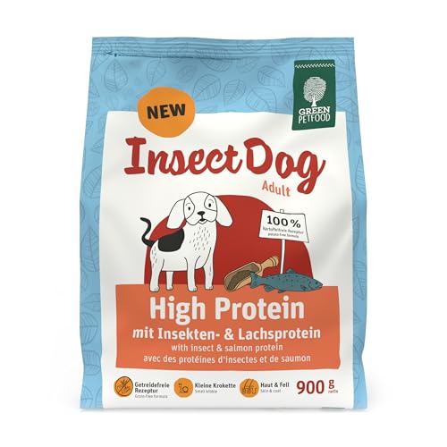 Green Petfood InsectDog High Protein (1 x 900 g) | Adult | Premium Trockenfutter für ausgewachsene aktive Hunde | Lachs- & Insektenprotein & roten Linsen | kleine Krokette | getreidefrei | 1er Pack