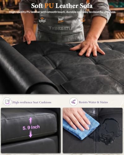 Image of Black Faux Leather Sofa, L-Shaped Sectional Couch, USB Ottoman, Living Room | TYBOATLE, Faux Leather Sectional Sofa, L Shaped Couch, Modular Convertible, Side Pockets, Living Room, RV, Apartment, Office