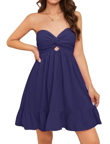 Image of Meladyan Women's Twist Knot Bandeau Tube Dress Solid Strapless Backless Mini Dresses Summer Hollow Ruffle Beach Dress
