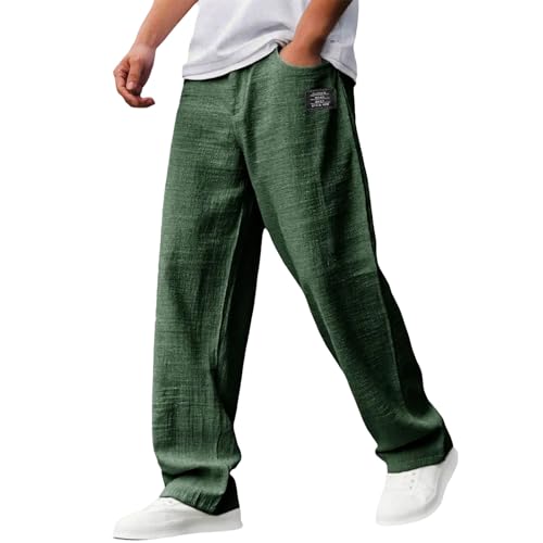 Mens Cotton and Linen Pants Fall Casual Hemp Fabric Embroidered Logo Loose Elastic Waist with Pocket Trousers