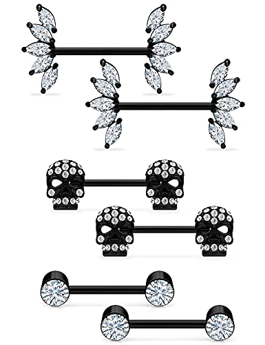 Vsnnsns 14G Nipple Piercing Jewelry Surgical Steel Cubic Zirconia Nipple Rings Skull Nipple Piercing Jewelry for Women Men 14 Gauge Silver Black Rainbow Rose Gold 3 Pairs