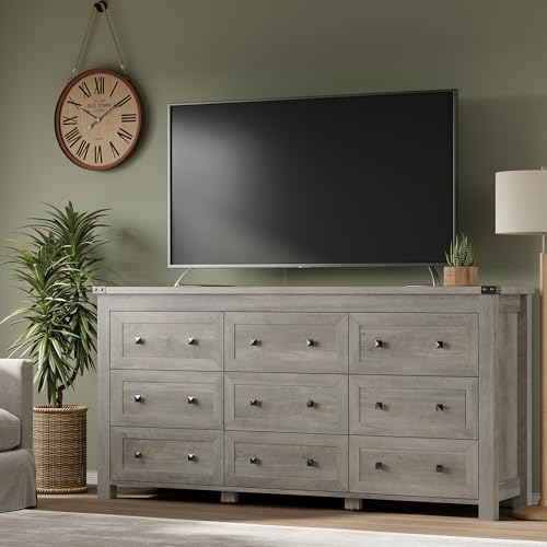 Image of BORNOON 9-Drawer Dresser, Modern Wooden Storage Chest of Drawers, Dresser TV Stand, Wood Drawer Organizer with Metal Handles for Bedroom, Living Room, Hallway