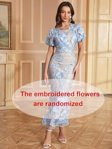 Women's 3D Floral Embroidery Dress Ruffle Sleeve Fishtail Lace Bodycon Party Cocktail Mini Dress2