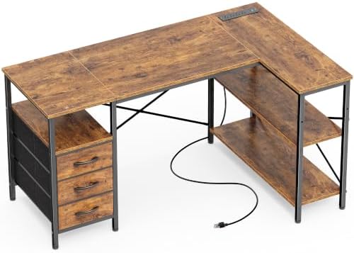 Huuger L Shaped Office Desk with Power Outlets & 3 Drawers