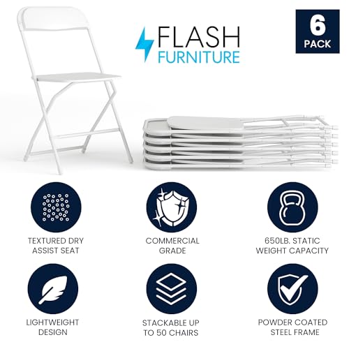 Image of Flash Furniture Hercules Series Plastic Folding Chairs for Parties and Weddings, Stackable Commercial Event Seats with 650-lb. Static Weight Capacity, Set of 6, White