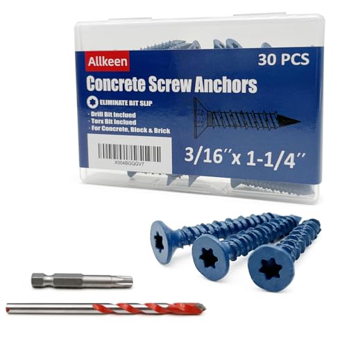 Allkeen 3/16' x 1-1/4' Concrete Screws, Anchoring to Masonry, Brick, Block, Cement or Stucco, 30PCS
