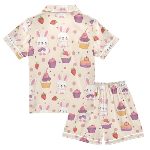 ALAZA Rabbit Bunny Strawberry Cake Pajamas Satin Pajama Set Short Sleeve Button Down Sleepwear2