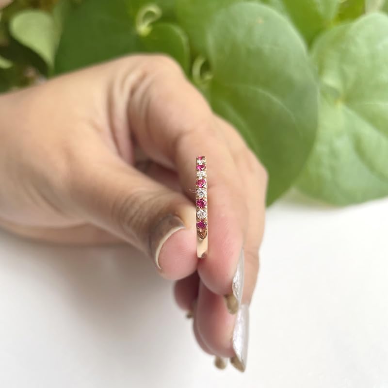 2 mm Ruby & White Diamond Half Eternity Wedding Band For Women, 14k Gold Finish Ruby Wedding Band, Ladies Alternate Diamond Ring