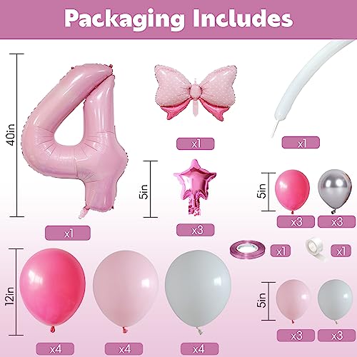 Image of 40 Inch Pink Number 4 Balloon Tower 4th Birthday Decorations for Girls | Large Pastel Baby Hot Pink White Number Four Foil Balloons Stack Set 4 Years Old Princess Fourth Birthday Party Decorations