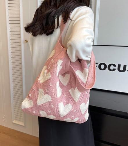 Image of Summer Crochet Bags for Women Knitted Beach Tote Bag Cute Heart Pattern Shoulder Handbags and Purse
