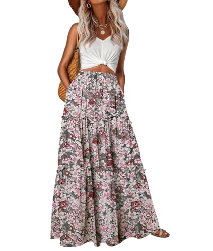 VIOPY Floral Faldas Largas de Mujer Casuales Falda Elegante para Vacaciones Citas Escuela (Floral Blanco, M)