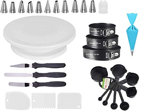 Xacton Metal Cake Turntable Round Cake Mould Set of 3, Measuring Cup & Spoon Set of 8, 12 PC Cake Decorating Nozzle with Silicon Piping Bag, Set of 3 Icing Spatula, 3 pcs Scrapper – Multicolour
