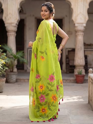 Image of AKHILAM Women's Cotton Saree with White Daisy Floral Prints Tassel Pallu Lightweight Summer Saree