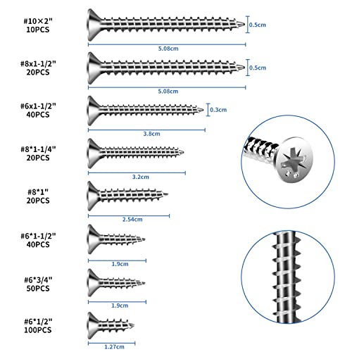 Wellocks Wood Screws 290 Pcs #6#8#10 Metal Drywall Screws Assortment Upgrade Thicken Box Carbon Steel Flat Head Self Tapping Screw Kit With Handy Storage Box For Homemade Repair Woodwork(D001) #TOP1