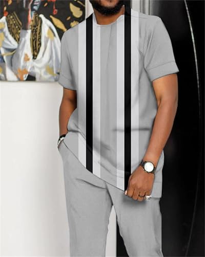 TIFIYA Men's 2 Piece Short Sleeve African Clothing Suits Striped Retro Pants Set Leisure Outfits Casual Party Wear S-5XL2