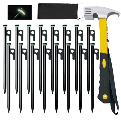 16 Pack Tent Stakes with Hammer, 8in Heavy Duty Tent Stakes...